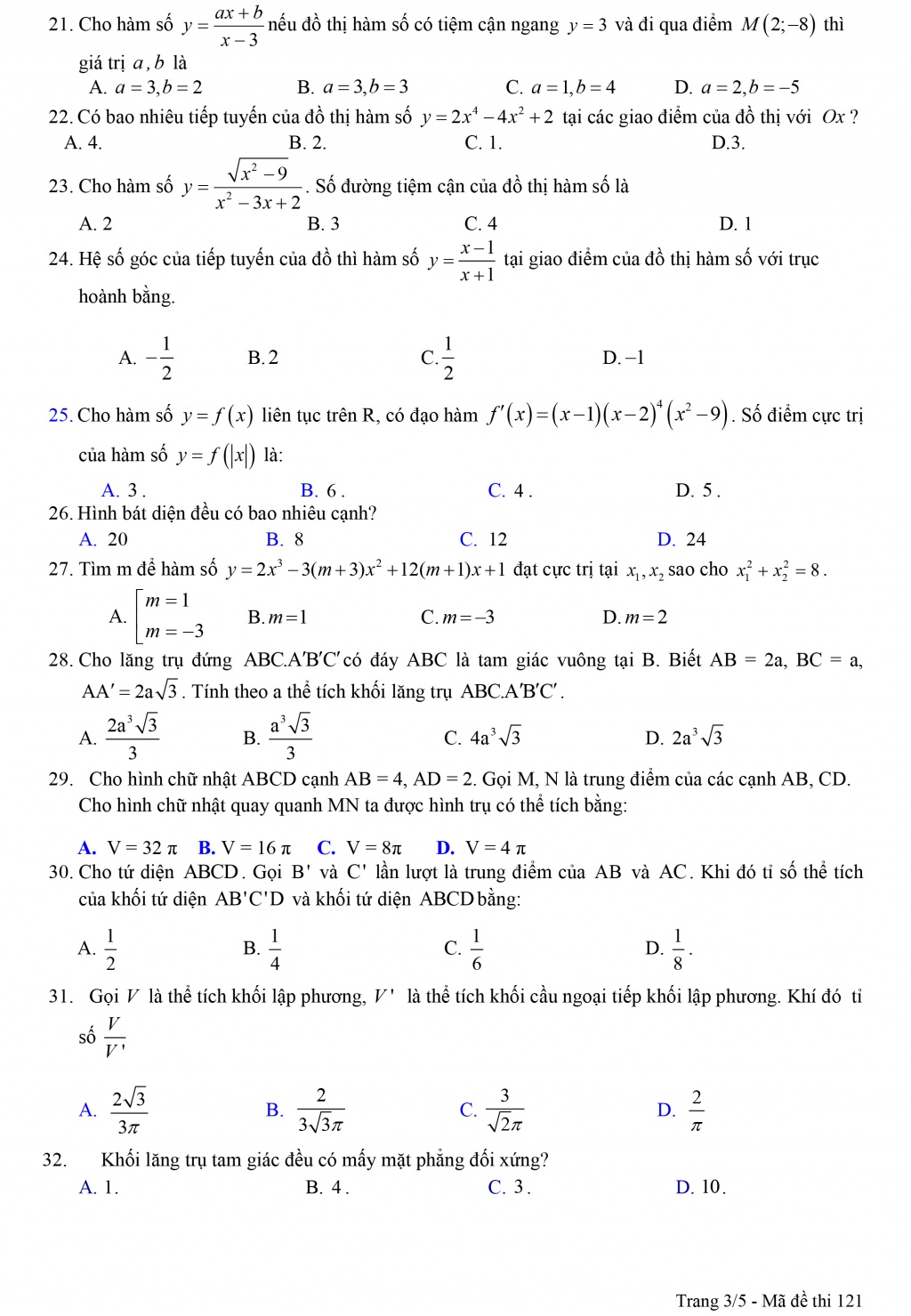Đề thi giữa học kì 1 môn Toán lớp 12 Trường THPT Lương Thế Vinh có đáp án de thi giua hoc ki 1 mon toan lop 12 truong thpt luong the vinh co dap an