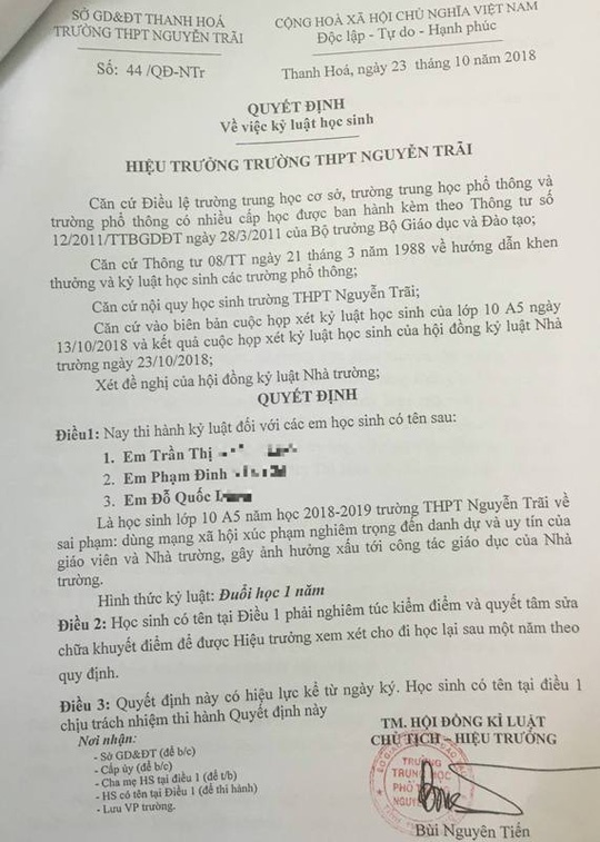 Sở GD&ĐT Thanh Hóa: 'Đuổi học 3 học sinh vì nói xấu thầy cô trên mạng là quá nặng' so gddt thanh hoa duoi hoc 3 hoc sinh vi noi xau thay co tren mang la qua nang
