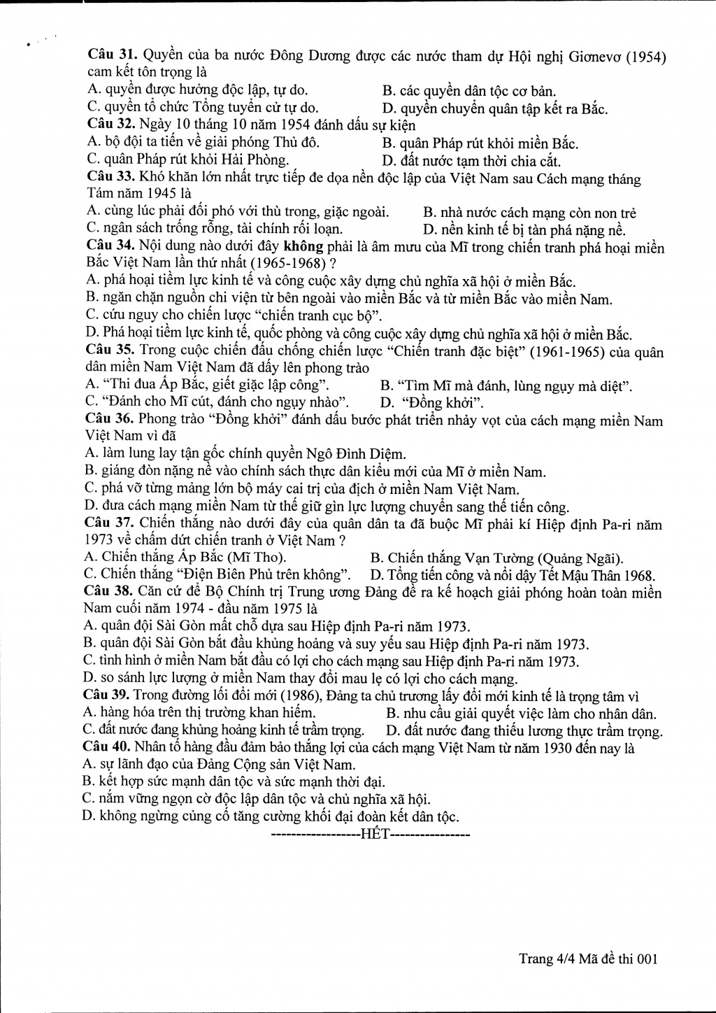 Đáp án đề thi tham khảo môn Lịch sử vào lớp 10 Hà Nội năm 2019 dap an de thi tham khao mon lich su vao lop 10 ha noi nam 2019