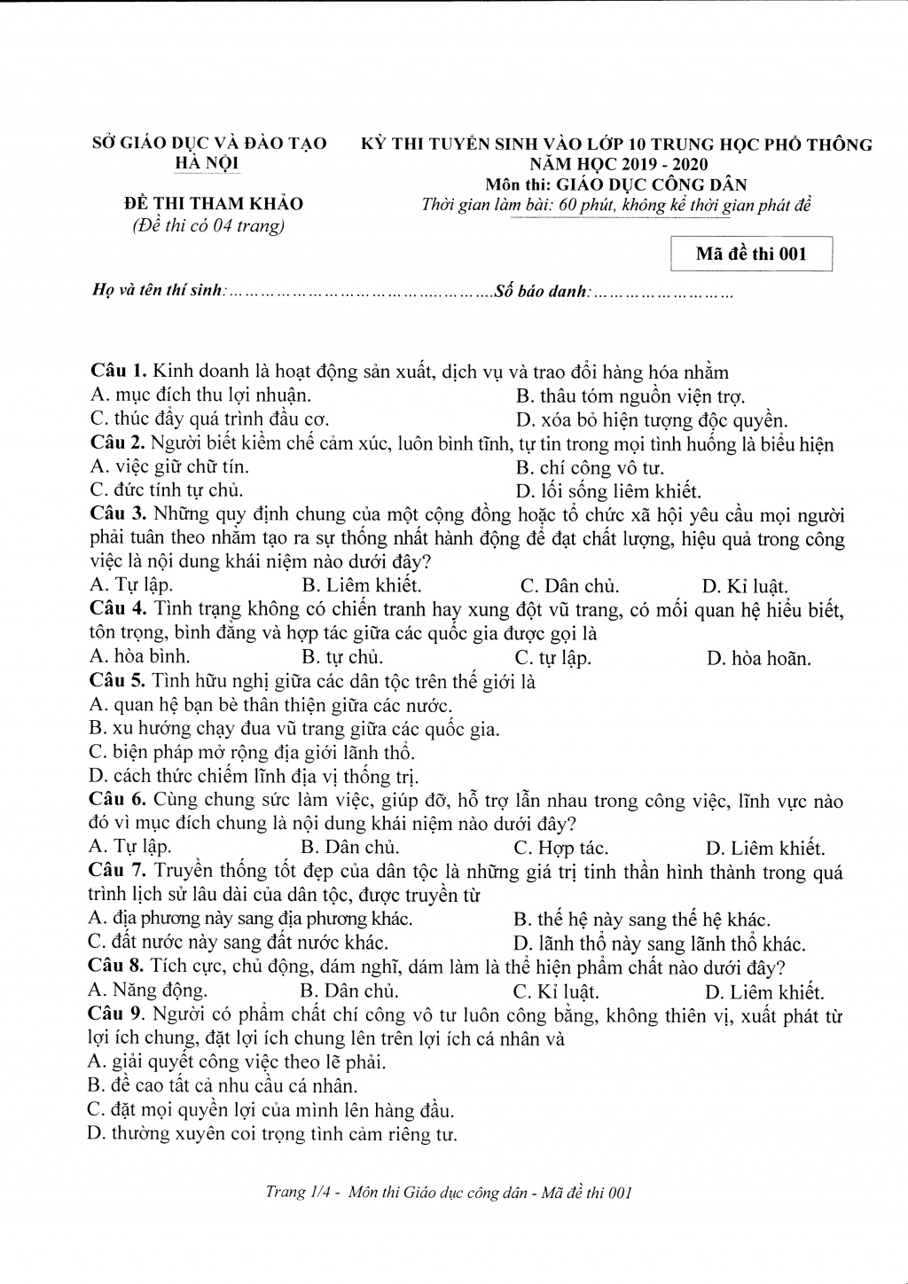 Đáp án đề thi tham khảo môn Giáo dục công dân vào lớp 10 tại Hà Nội năm học 2019 - 2020 dap an de thi tham khao mon giao duc cong dan vao lop 10 tai ha noi nam hoc 2019 2020