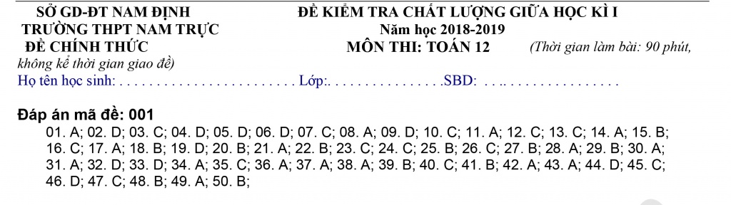Đề thi giữa học kì 1 lớp 12 môn Toán THPT Nam Trực năm 2018 de thi giua hoc ki 1 lop 12 mon toan thpt nam truc nam 2018