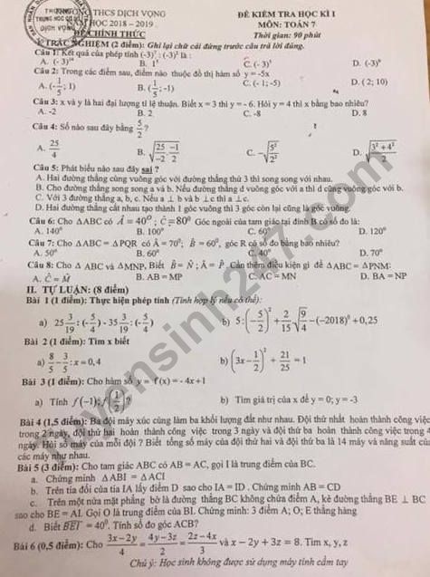 Đề thi học kì 1 lớp 7 môn Toán THCS Dịch Vọng năm 2018 de thi hoc ki 1 lop 7 mon toan thcs dich vong nam 2018