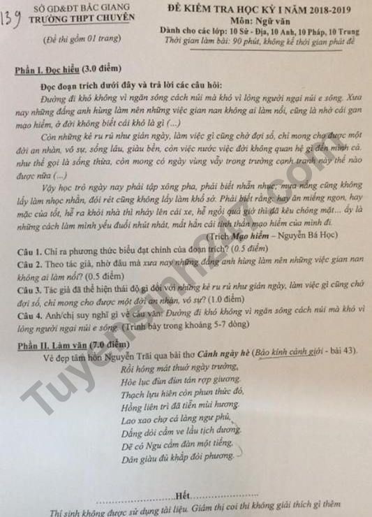 de thi hoc ki 1 lop 10 mon ngu van thpt chuyen bac giang nam 2018