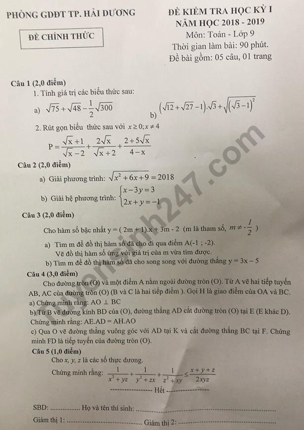 Đề thi học kì 1 lớp 9 môn Toán Phòng GD&ĐT TP Hải Dương năm học 2018 - 2019 de thi hoc ki 1 lop 9 mon toan phong gddt tp hai duong nam hoc 2018 2019